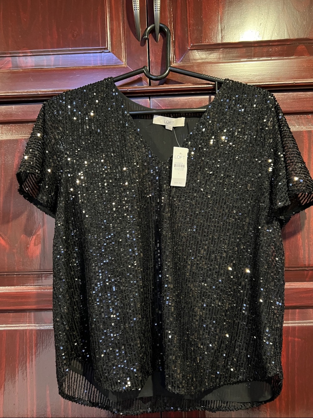 LOFT Black Sequin V-Neck Short Sleeve Top NWT Size L